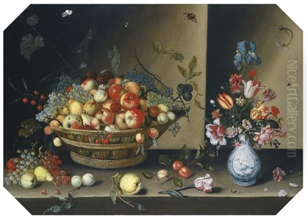 Still Life Of Apples, Pears, Peaches And Plums With Grapes And Walnuts In A Wicker Basket, Together With Flowers, Including Tulips, Irises And Carnations In A Blue And White Vase Upon A Table Top Oil Painting by Johannes Baers