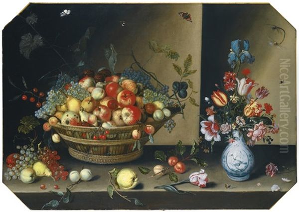 Still Life Of Apples, Pears, Peaches And Plums With Grapes And Walnuts In A Wicker Basket, Together With Flowers, Including Tulips, Irises And Carnations In A Blue And White Vase Upon A Table Top Oil Painting by Johannes Baers