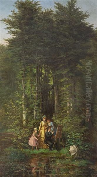 The Artist With His Admirers In A Forest Glade Oil Painting by Edgar (Alfred) Baes