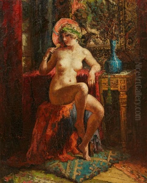 Seated Female Nude Oil Painting by Emile Baes