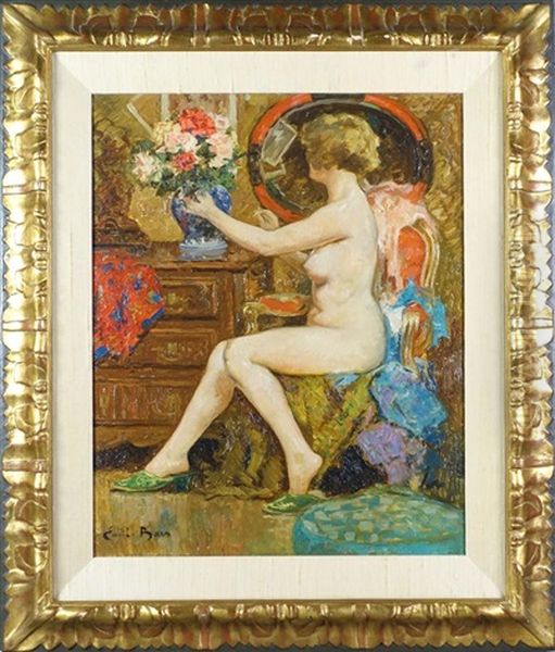 Jeune Femme Nue Arrangeant Un Bouquet Oil Painting by Emile Baes