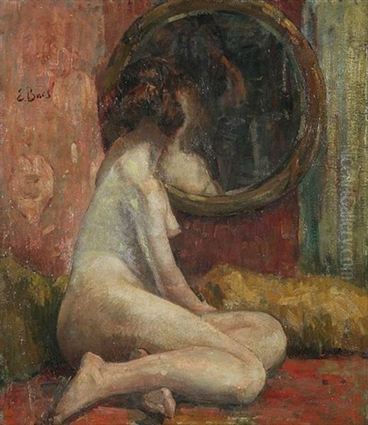 Nude, Backside, In Front Of A Mirror Oil Painting by Emile Baes