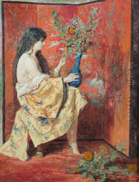 Femme A Moitie Nue Avec Vase De Fleurs Devant Un Paravent Japonais Oil Painting by Emile Baes