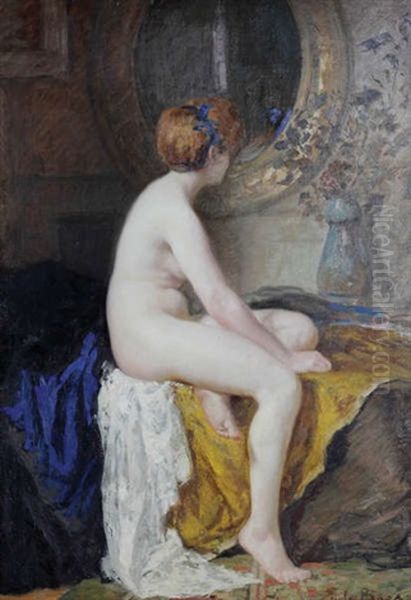 Nu Assis Devant Le Miroir Oil Painting by Emile Baes