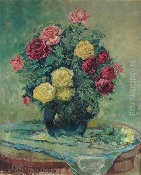 Gelbe Und Rote Rosen In Blauer Vase Oil Painting by Emile Baes