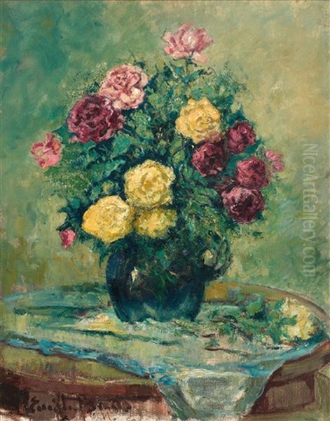 Gelbe Und Rote Rosen In Blauer Vase Oil Painting by Emile Baes