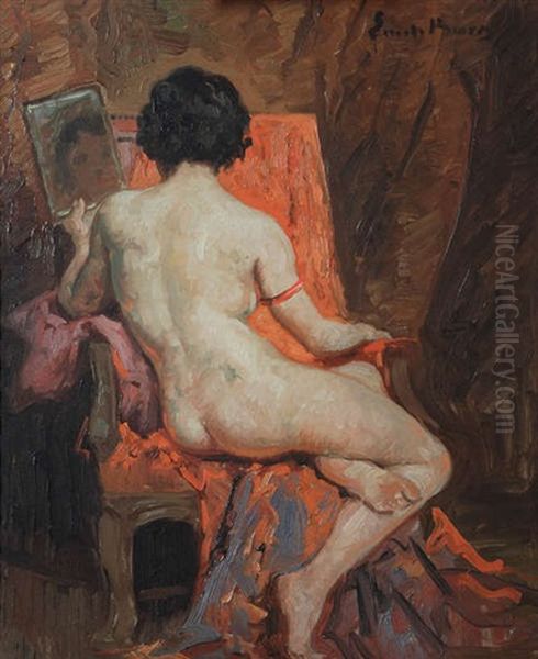 Nu, Vu De Dos, Se Regardant Dans Le Miroir Oil Painting by Emile Baes