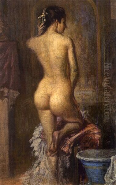 Femme Nue De Dos A Sa Toilette Oil Painting by Emile Baes