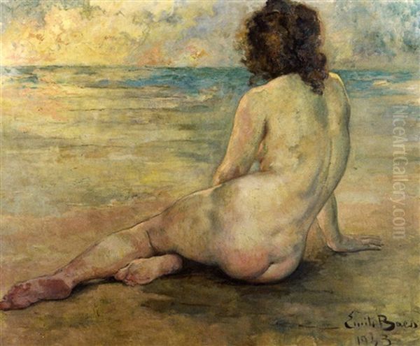 Femme Nue De Dos Assise Sur La Plage Oil Painting by Emile Baes