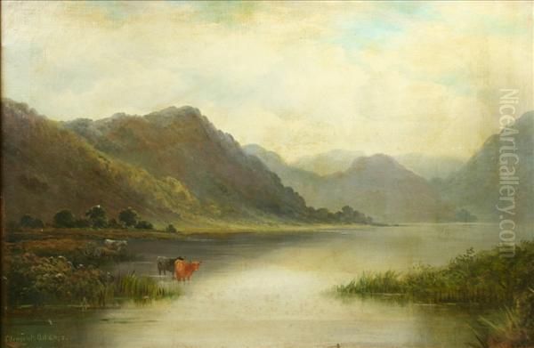 Highlandcattle In The Loch Oil Painting by Clement Adams