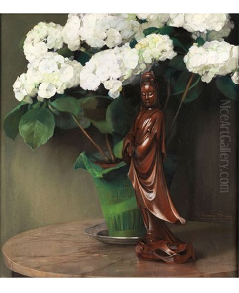 Stilleben Mit Chinesischer Figur Vor Weissen Hortensien Oil Painting by Firmin Baes