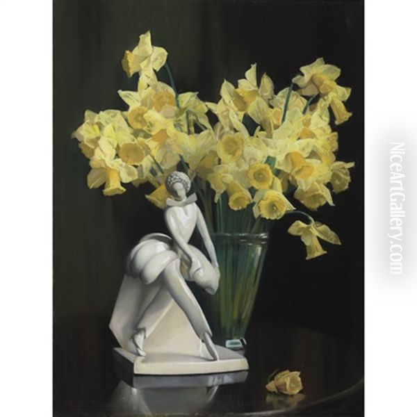 Still Life, Daffodils And A Blanc De Chine Dancer Oil Painting by Firmin Baes