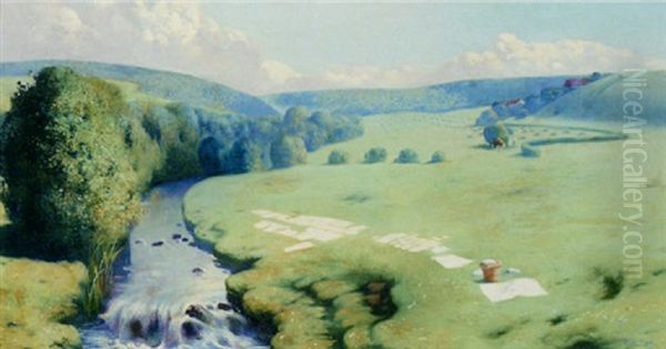 Laundry Drying By A River With Figures Harvesting Beyond, In A Sunlit Pastoral Landscape Oil Painting by Firmin Baes