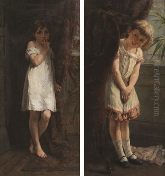 Interieur Anime D'une Fille Timide Et D'une Fille Curieuse (pair) Oil Painting by Lionel-Oscar Baes