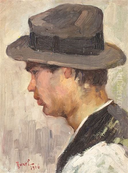 Boy With A Hat (portrait Of Painter Alexandru Moscu's Son) Oil Painting by Aurel Baesu