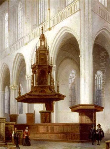 Cathedral Interior With Figures Oil Painting by Angelus De Baets