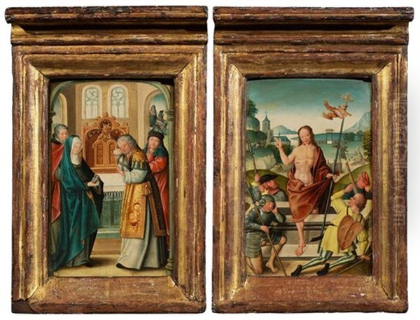 Two Panels From An Alterpiece Depicting The Life Of Christ: Presentation In The Temple And The Resurrection Of Christ Oil Painting by Jan (the Master of Cappenberg) Bagaert