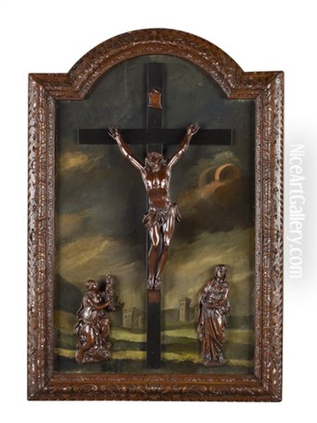 Christ En Bois Dans Un Decor Peint Sur Panneau De Bois, Le Cadre En Bois Sculpte De Rinceaux, Fleurettes Et Feuilles De Lauriers (attributed To The Workshop) Oil Painting by Cesar Bagard