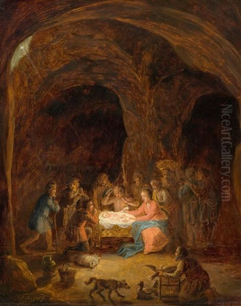 Adoration Of The Shepherds In A Cave Oil Painting by Johann Daniel Bager