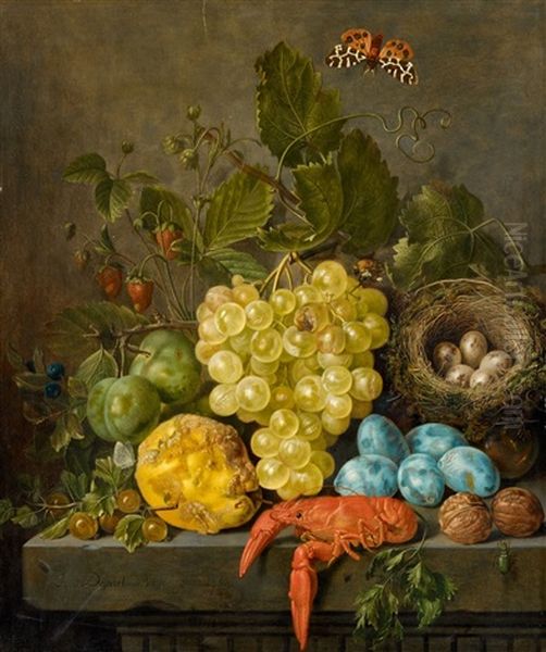 Crab, Insects And A Bird's Nest On A Stone Table Oil Painting by Johann Daniel Bager