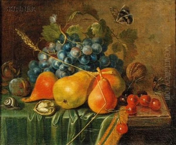 Still Life With Summer Fruits And Nuts, Butterflies And Snail Oil Painting by Johann Daniel Bager