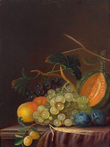 Stillleben Mit Weintrauben, Pfirsichen, Zwetschken Und Einer Melone Oil Painting by Johann Daniel Bager