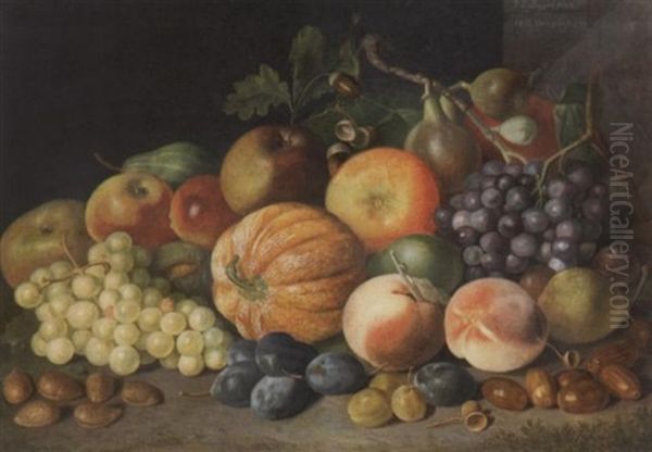 Stilleben Mit Kurbissen, Weintrauben, Apfeln, Pfirschen Und Pflaumen Oil Painting by Johann Daniel Bager