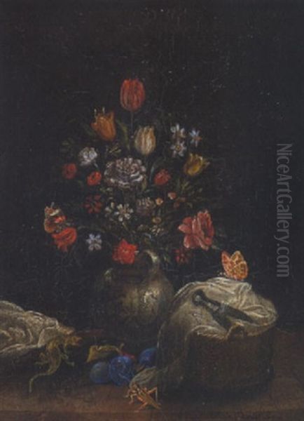 Stillleben Mit Blumen, Insekten, Eidechse Und Nahkorb Oil Painting by Johann Daniel Bager