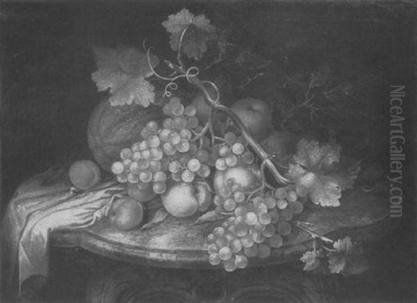 Fruchtestilleben Mit Trauben Und Weinlaub Uber Melone, Apfeln, Pfirsichen Und Aprikosen Auf Einem Marmortisch Oil Painting by Johann Daniel Bager