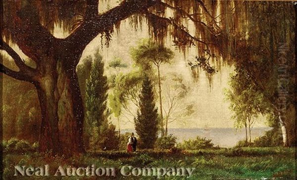 Couple Strolling Under A Live Oak Along The Water's Edge Oil Painting by Henry Howard Bagg