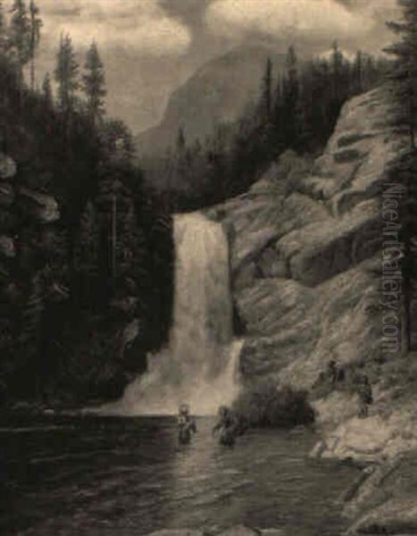 Rock Mountain Scene With Indians By A Waterfall Oil Painting by Henry Howard Bagg