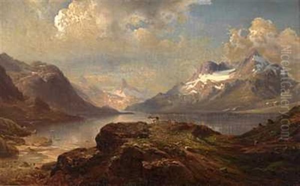 Rensdyr Ved Fjellvann Oil Painting by Magnus Thulstrup Bagge