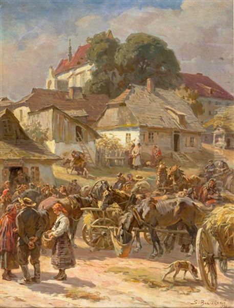 Markttag In Einem Dorf Mit Figurenreicher Szenerie Oil Painting by Stanislaw Bagienski