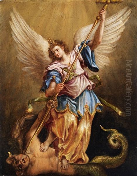 Der Erzengel Michael Im Kampf Mit Dem Drachen Oil Painting by Cavaliere Giovanni Baglione