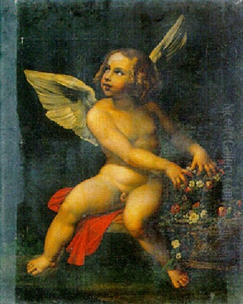 Angelo Con Fiori In Un Cesto Oil Painting by Cavaliere Giovanni Baglione