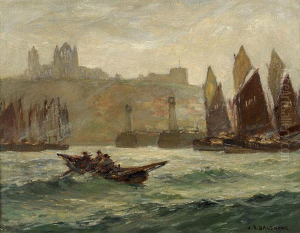 Fishing Boats At The Entrance To Whitby Harbour With The Abbey Beyond Oil Painting by Joseph Richard Bagshaw