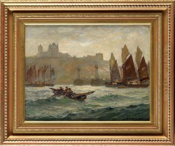 Fishing Boats At The Entrance To Whitby Harbour With The Abbey In The Distance Oil Painting by Joseph Richard Bagshaw