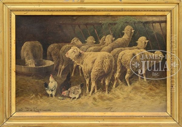 Sheep And Chickens In Barn Oil Painting by Jules Bahieu