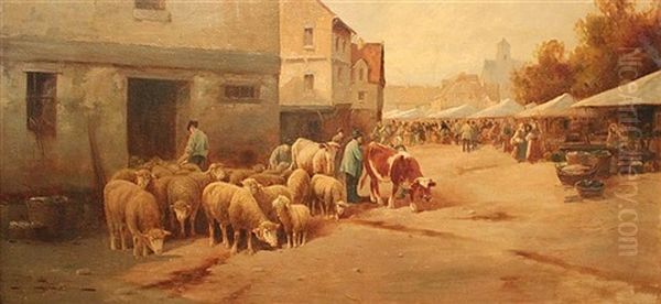 Flock Of Sheep Going Through A Village Oil Painting by Jules Bahieu