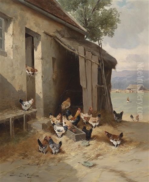 Der Huhnerhof Oil Painting by Jules Bahieu