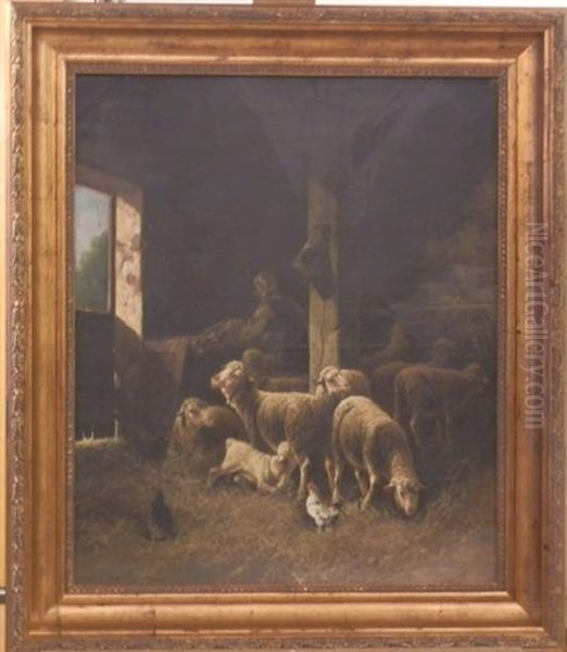 Moutons A L'etable Oil Painting by Jules Bahieu