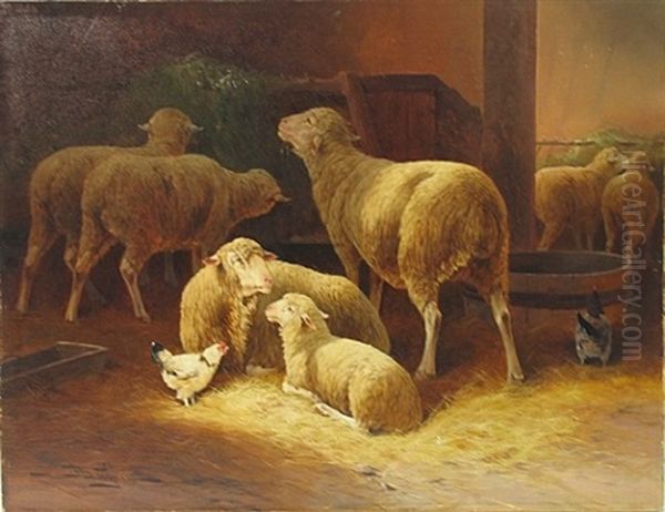 Sheep And Chickens In A Stable Oil Painting by Jules Bahieu