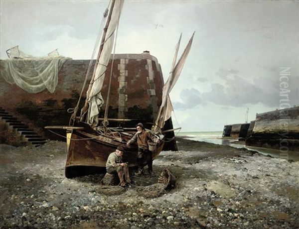 Fishermen Mending Their Nets At Low Tide Oil Painting by Jules Bahieu