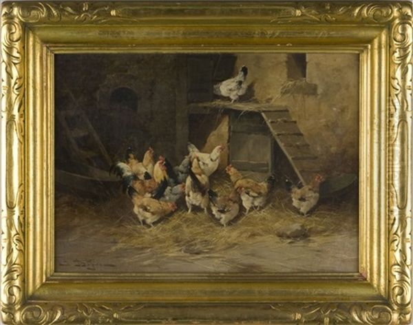 Poultry Yard Oil Painting by Jules Bahieu