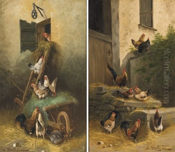 Poules Dans Une Basse-cour (pair) by Jules Bahieu