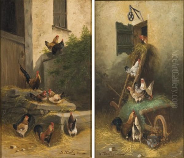 Poules Dans Une Basse-cour (pair) Oil Painting by Jules Bahieu