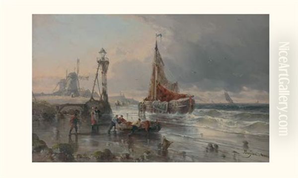 L'arrivee Des Bateaux De Peche Oil Painting by Jules Bahieu