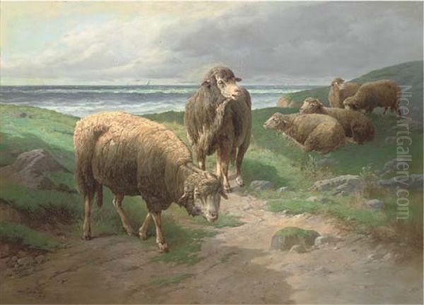 Sheep Grazing On The Cliffs Oil Painting by Jules Bahieu