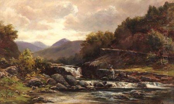 Signed , Oil, Highland River Landscape With Angler Fishing In A Stream, 9 Oil Painting by Douglas Adams