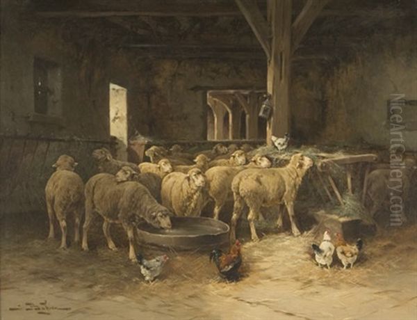 Barn Interior With Sheep And Chickens Oil Painting by Jules Bahieu